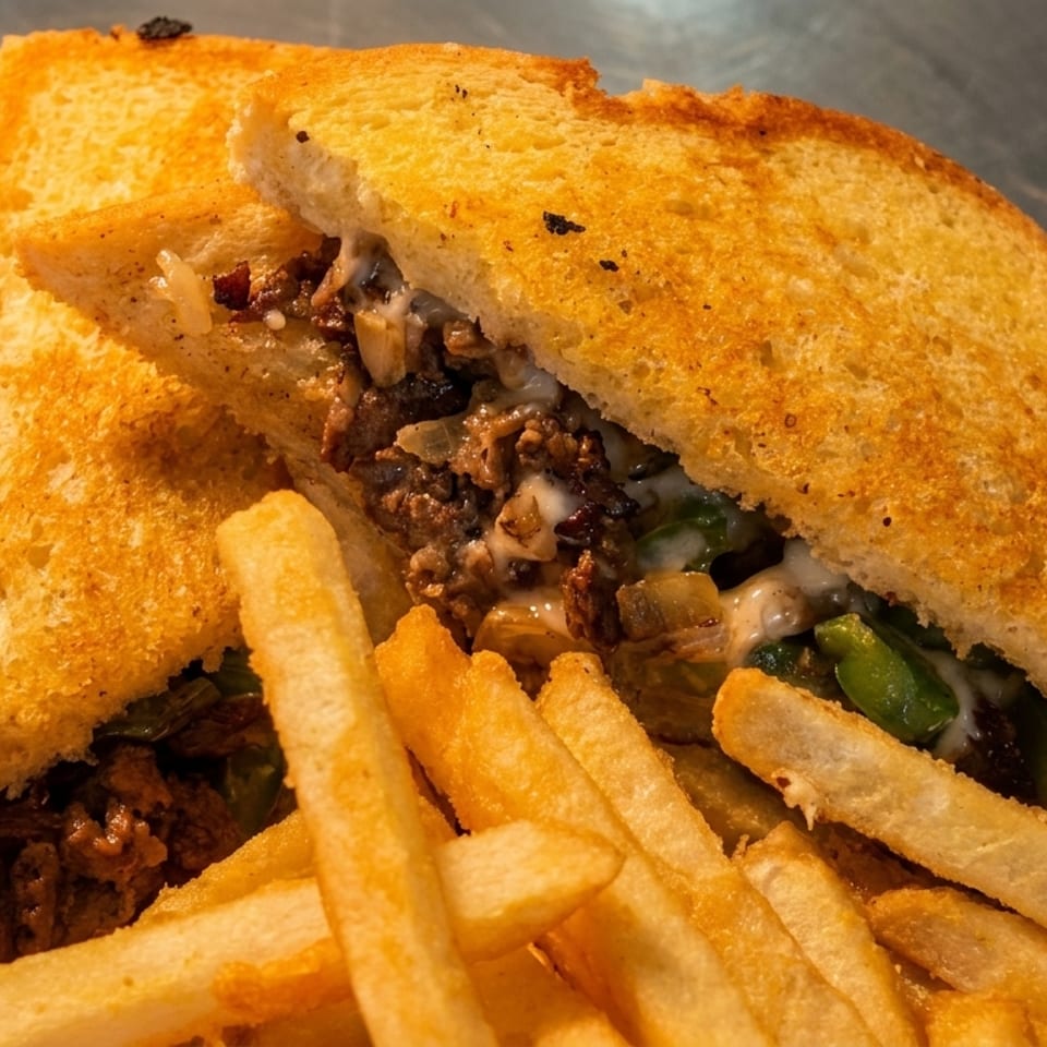 Toasted sandwich with meat, cheese, peppers, and onions, served with golden french fries.