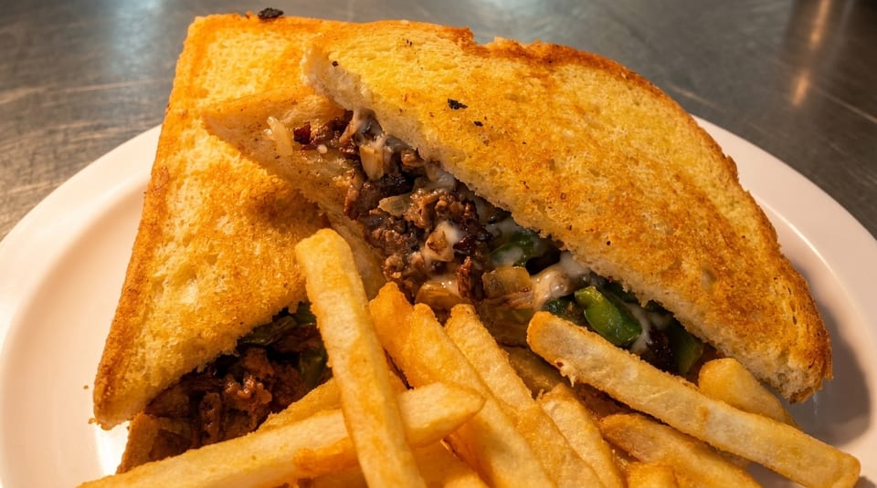 A grilled sandwich with meat, cheese, and peppers, served with golden french fries on a white plate.