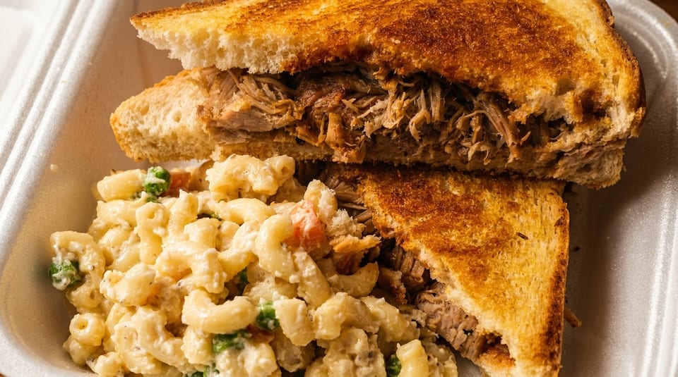 Pulled pork sandwich on toasted bread with a side of macaroni salad in a takeout container.