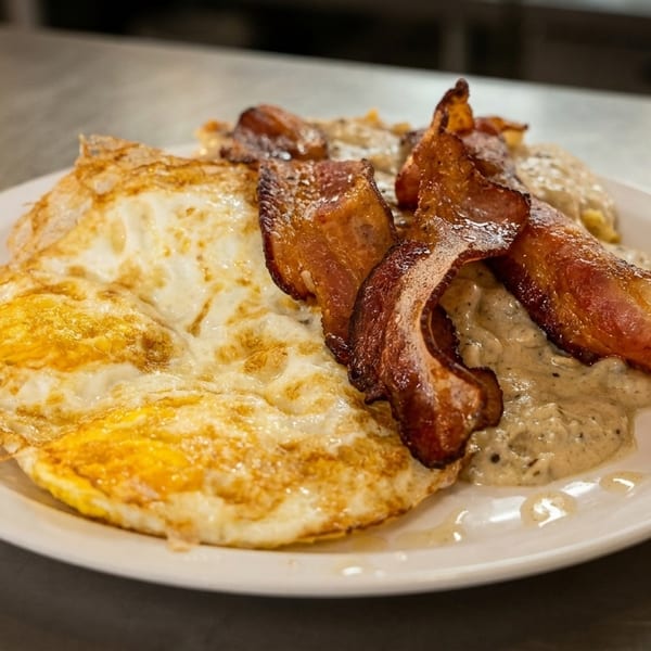 A breakfast plate with two fried eggs, crispy bacon strips, and biscuits with gravy.
