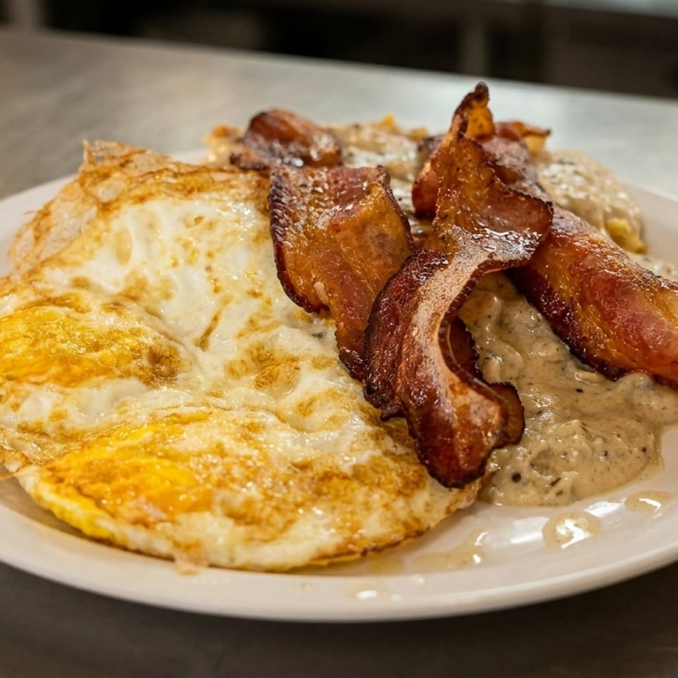 A breakfast plate with two fried eggs, crispy bacon strips, and biscuits with gravy.
