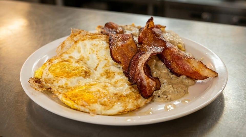 A breakfast plate with two fried eggs, crispy bacon strips, and biscuits with gravy.