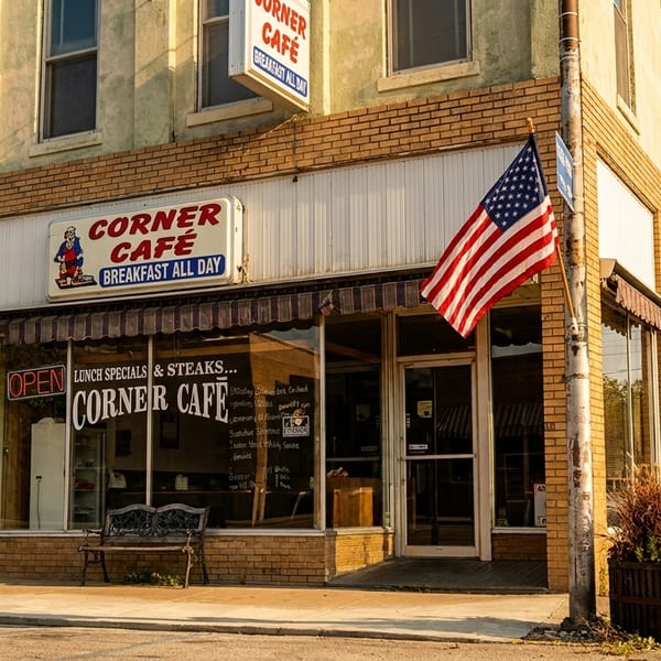 Exterior of Corner Cafe, a brick building with an American flag, offering breakfast, lunch, and steaks.