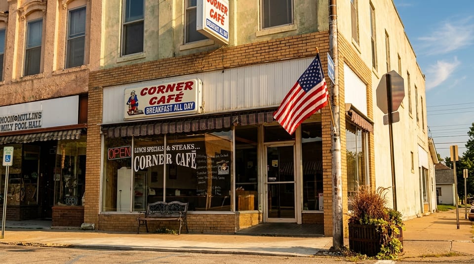 Exterior of Corner Cafe, a brick building with an American flag, offering breakfast, lunch, and steaks.