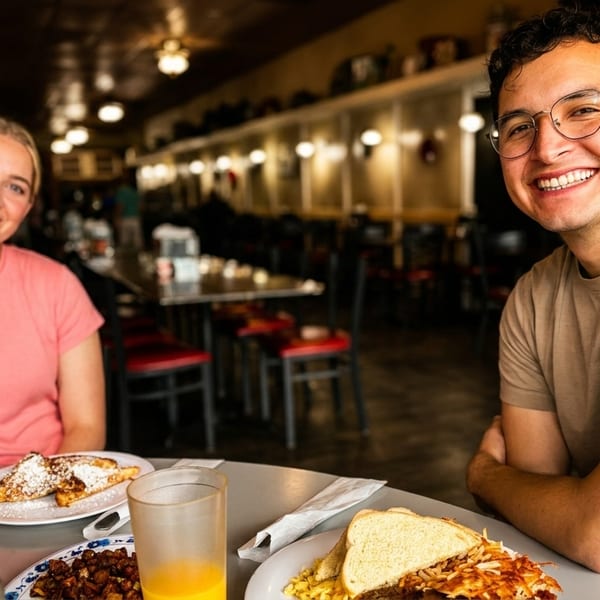 Smiling couple enjoying breakfast with French toast and a full meal at a diner.