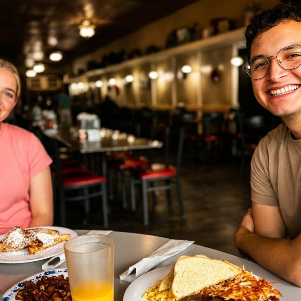 Smiling couple enjoying breakfast with French toast and a full meal at a diner.