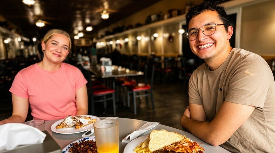Smiling couple enjoying breakfast with French toast and a full meal at a diner.