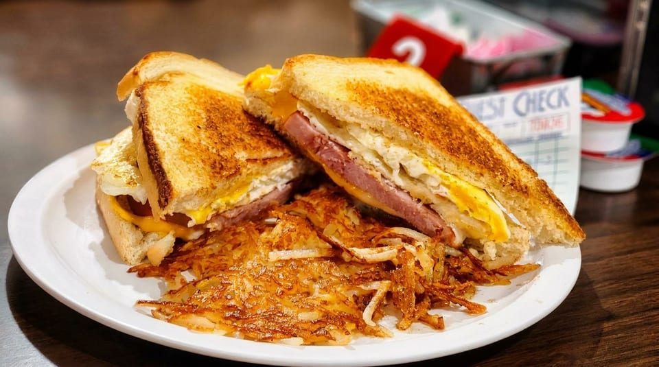 A toasted breakfast sandwich with egg, ham, and cheese, served with crispy hash browns.