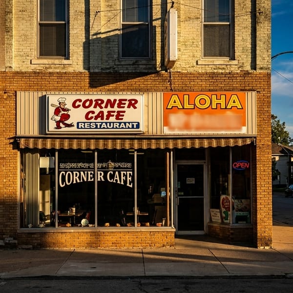 Exterior of Corner Cafe Restaurant and Aloha storefronts on a sunny day with blue sky.
