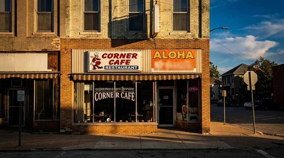 Exterior of Corner Cafe Restaurant and Aloha storefronts on a sunny day with blue sky.