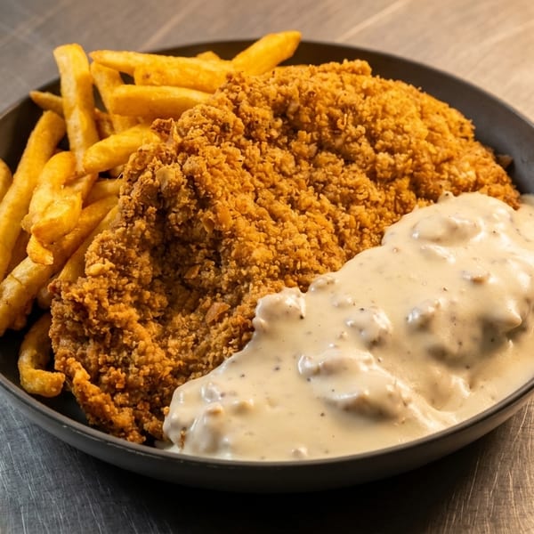 Crispy fried chicken with creamy gravy and golden french fries in a dark bowl.