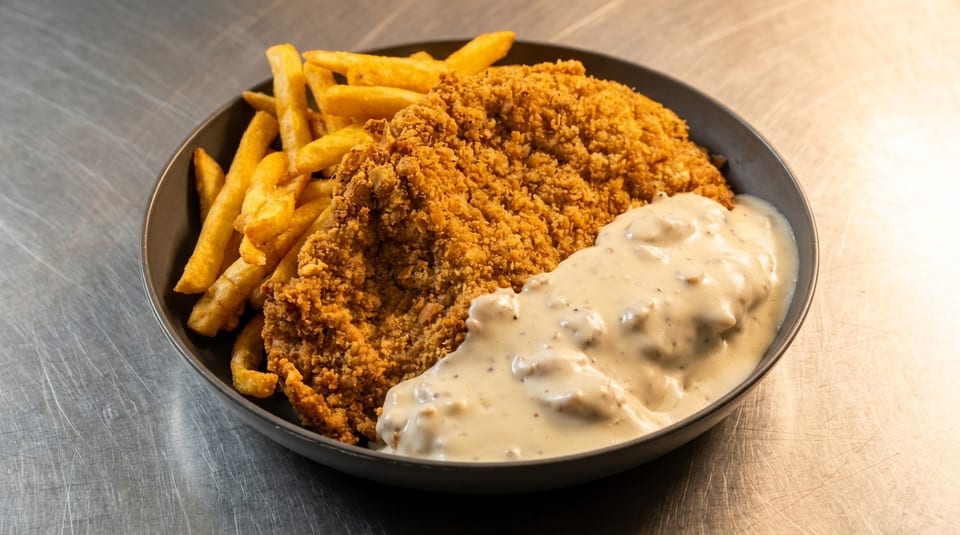 Crispy fried chicken with creamy gravy and golden french fries in a dark bowl.