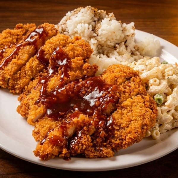 Crispy fried chicken katsu drizzled with sauce, served with white rice and macaroni salad.