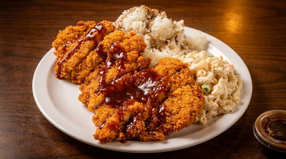 Crispy chicken katsu with brown sauce, white rice, and macaroni salad on a white plate.
