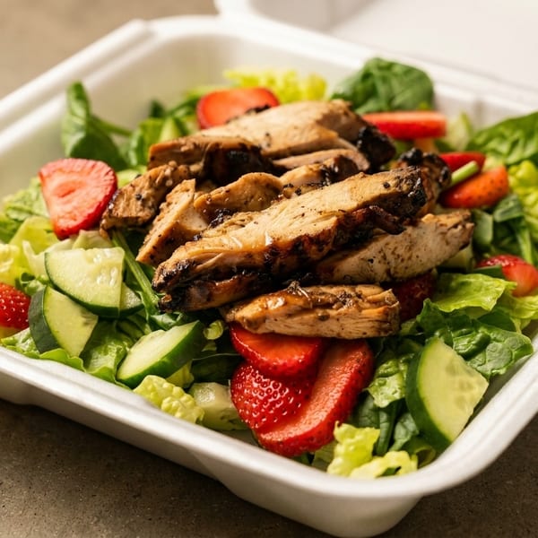 Grilled chicken salad with strawberries, cucumbers, and mixed greens in a white takeout container.