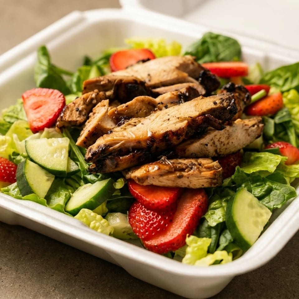 Grilled chicken salad with strawberries, cucumbers, and mixed greens in a white takeout container.