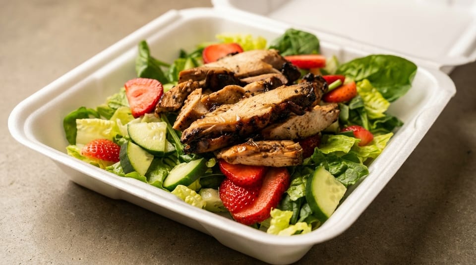 Grilled chicken salad with strawberries, cucumbers, and mixed greens in a white takeout container.