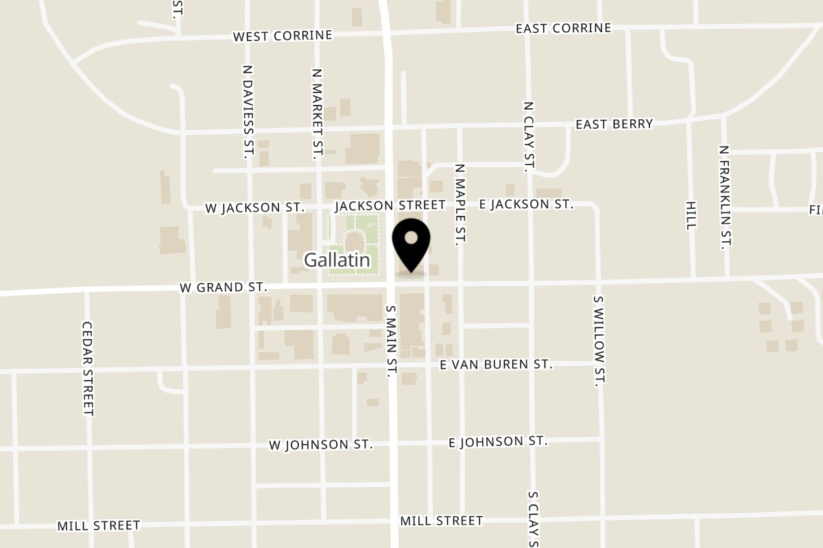 Map showing the location of CORNER CAFE on 101 N Main St in Gallatin